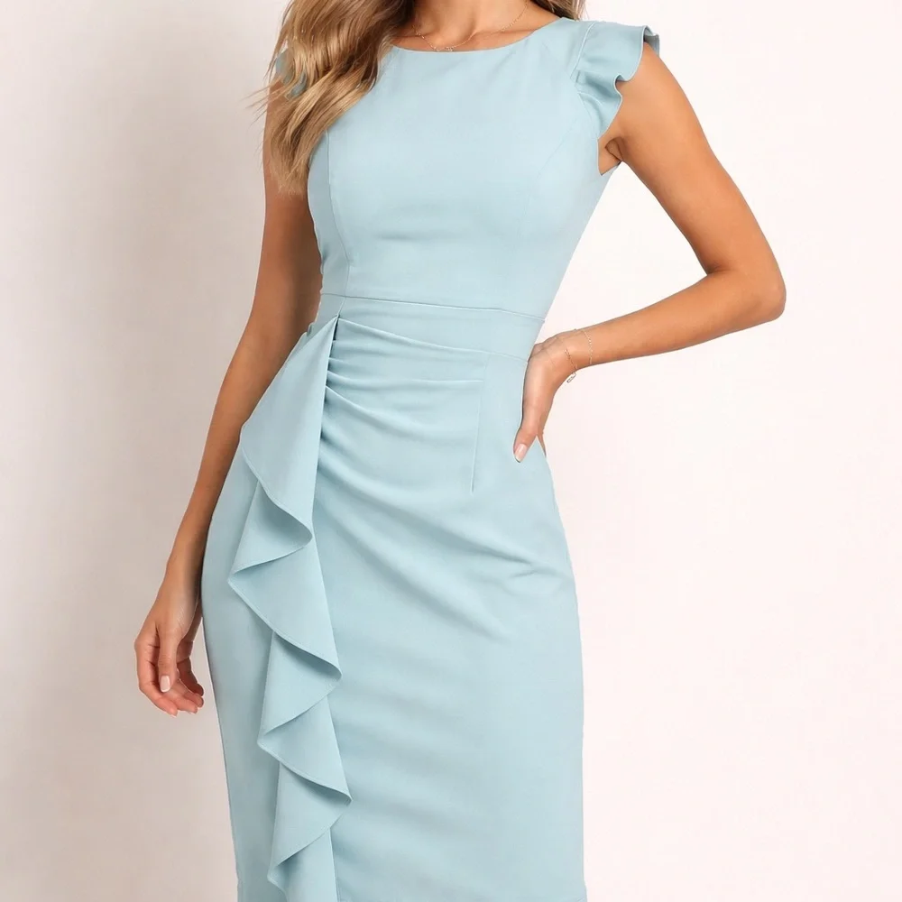 Women’s Sheath Dress Ruffle Front Sleeveless Knee Length Medium Lined Back Zip - Picture 1 of 12